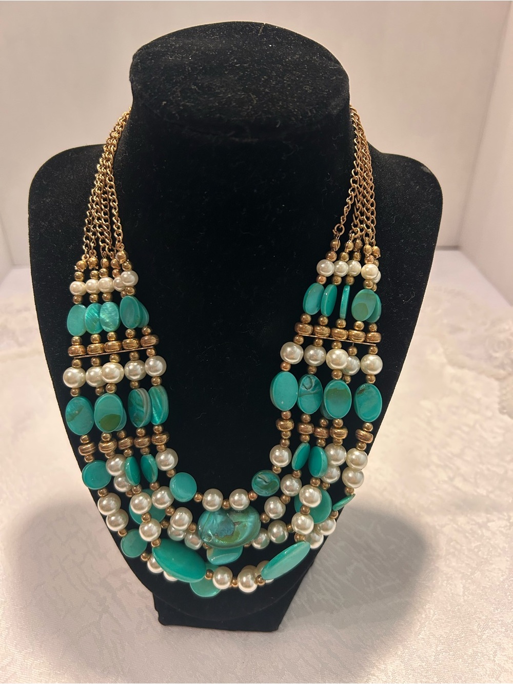 Vintage Multi-Strand Turquoise and Pearl Statement Bib Necklace